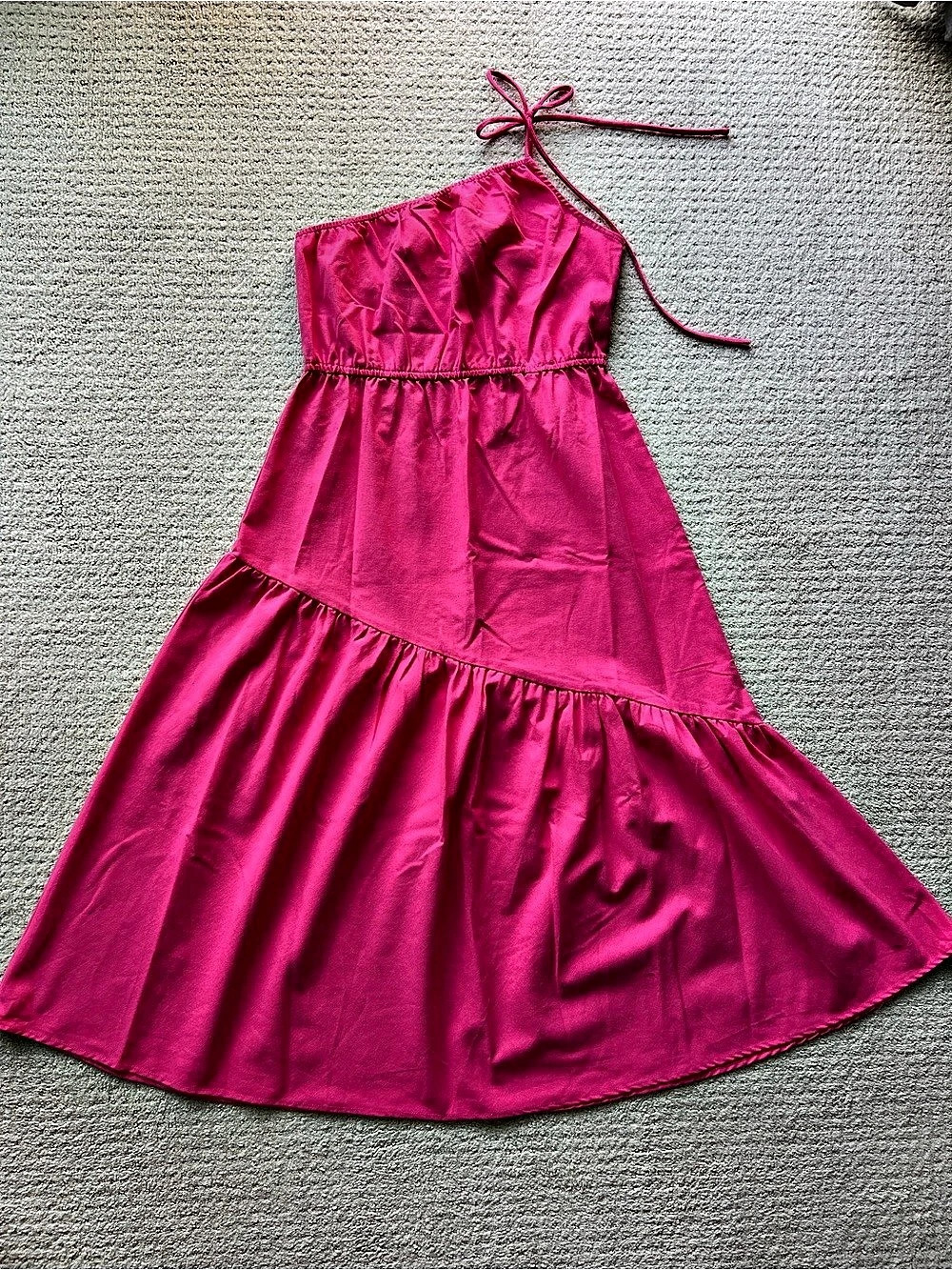 Lulus Hot Pink Asymmetrical One-Shoulder Midi Dress Pink | Size M